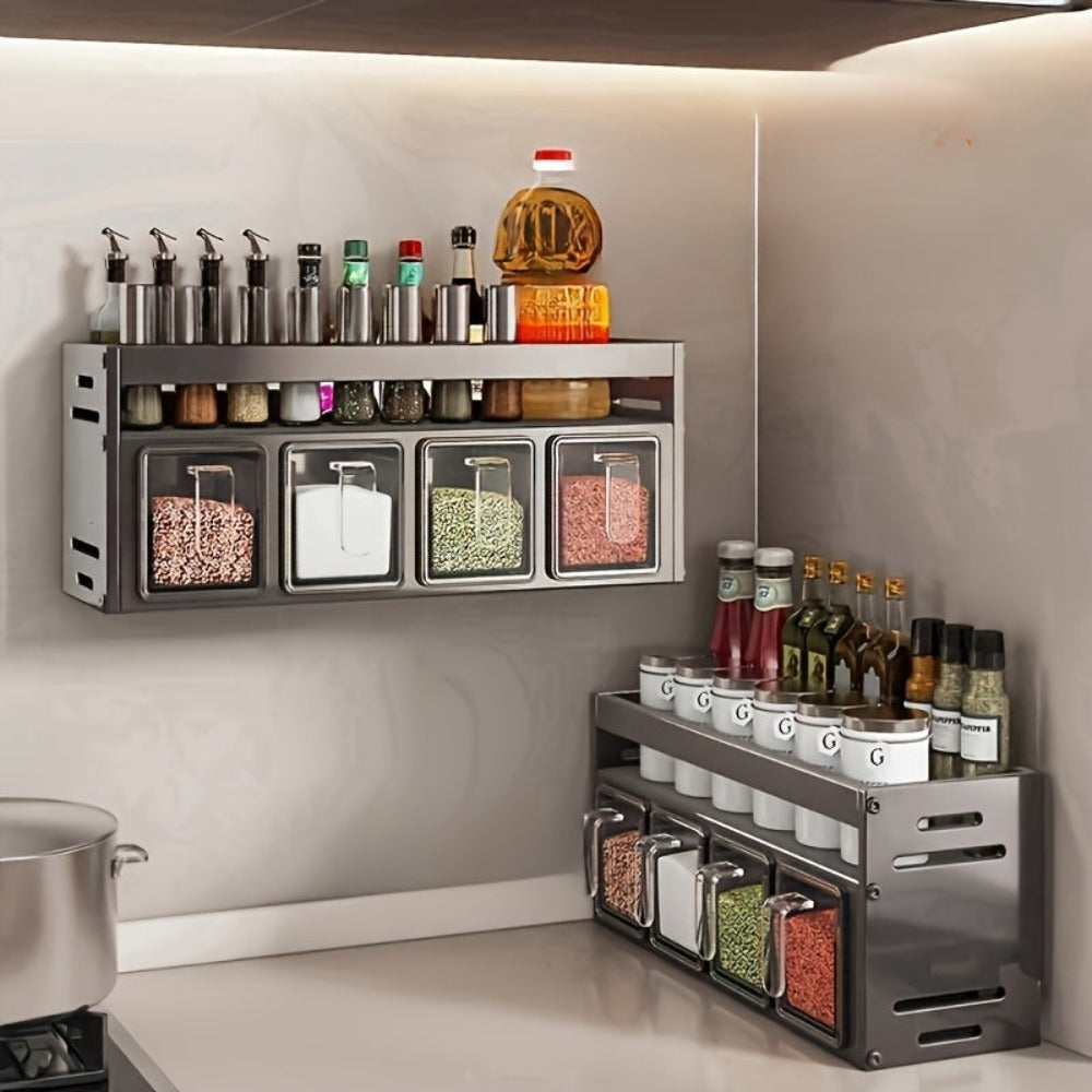 Organizador de especias de pared de 1 pieza con estantes colgantes y frascos para especias - Instalación sin taladro, sistema de almacenamiento de cocina de acero inoxidable que ahorra espacio, adecuado para especias, hierbas, aceites, salsas, organizació