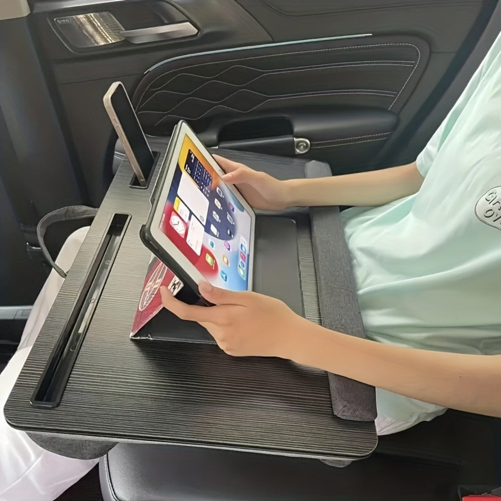Escritorio de oficina multiusos con reposabrazos, alfombrilla para ratón, ranuras para tablet y teléfono, asa portátil, escritorio acolchado para laptop, estructura de madera duradera, adecuado para usar en la cama, almacenamiento en el hogar y la oficina