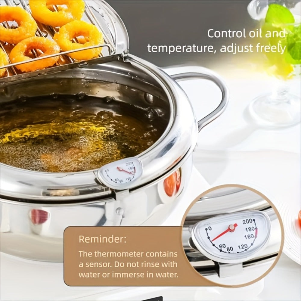 Olla freidora de acero inoxidable con tapa, sartén para freír profunda que ahorra aceite con termómetro, utilizada para freír papas fritas, alitas de pollo y camarones, compatible con estufas de gas y placas de inducción, utensilios de cocina | Suministro