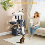 Árbol para Gatos Adecuado para Espacios Pequeños con Plataformas de Peluche, Postes de Sisal para Rascar y Base Antivuelco - Rampa de Escalada Multinivel, Cueva y Pompones - Árbol de Juego Resistente para Gatitos y Gatos (Gris Oscuro)