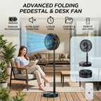 Ventilador de pedestal portátil plegable 2 en 1, recargable por USB-C con control remoto, 4 velocidades, oscilación de 70°, temporizador, inclinación ajustable, para hogar, dormitorio, oficina, viajes