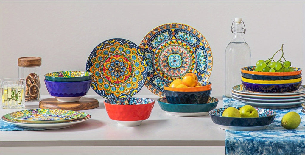 Juego de 6 platos llanos de cena SIMI estilo bohemio de porcelana, juego de platos de desayuno aptos para lavavajillas y microondas