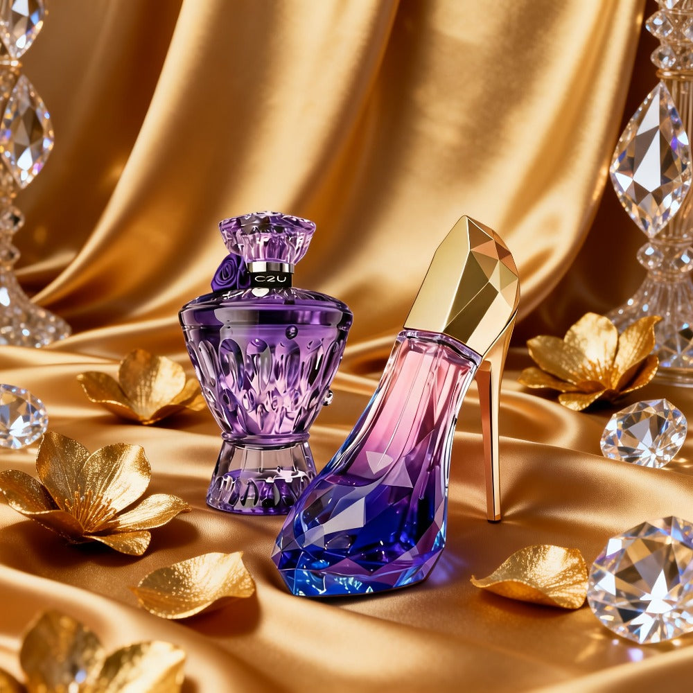 2 Piezas Set de Perfume con Tacón Alto Morado y Piedra Preciosa Morada (30+75ml) Gran Capacidad, Fragancia Duradera | Notas de Bergamota, Tuberosa y Madera | Regalo Perfecto para Fiestas y Uso Personal
