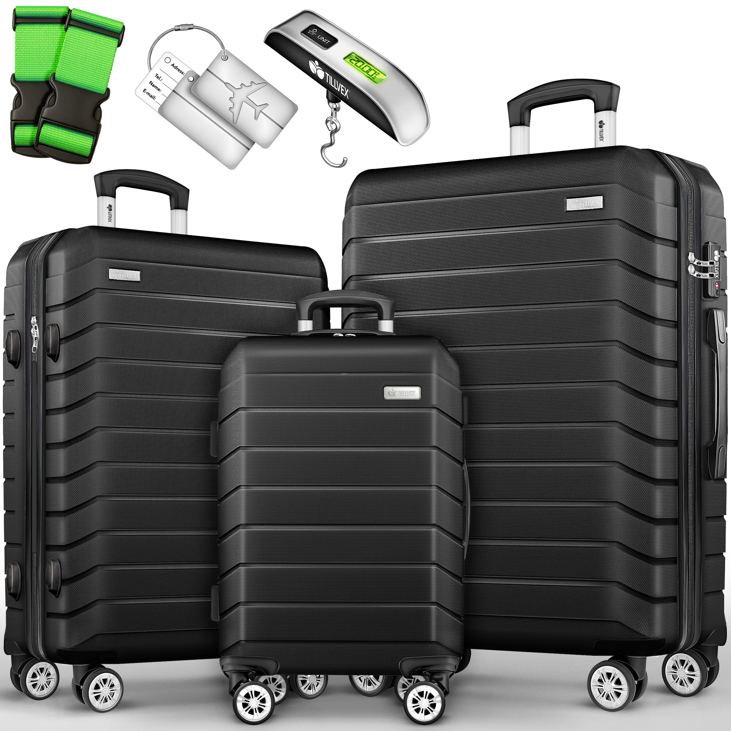 Tillvex® Juego de Equipaje de Viaje con Báscula, Correas y Etiquetas | Maleta de 4 Ruedas | Equipaje con Candado TSA | Juego de Maletas de Carcasa Dura