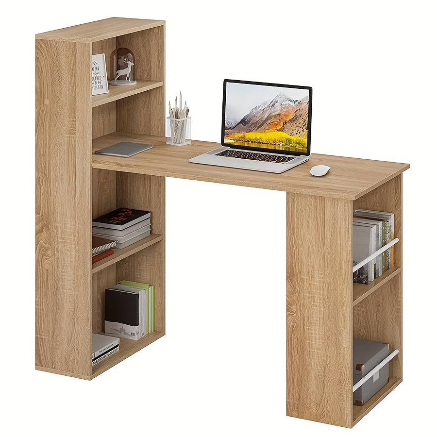 1 pza. Escritorio de ordenador de 120 cm, escritorio familiar con estantería, estante de almacenamiento, escritorio de estudio, escritorio moderno, escritorio de ordenador, inclinable, blanco, aspecto madera clara, 122x55x120cm