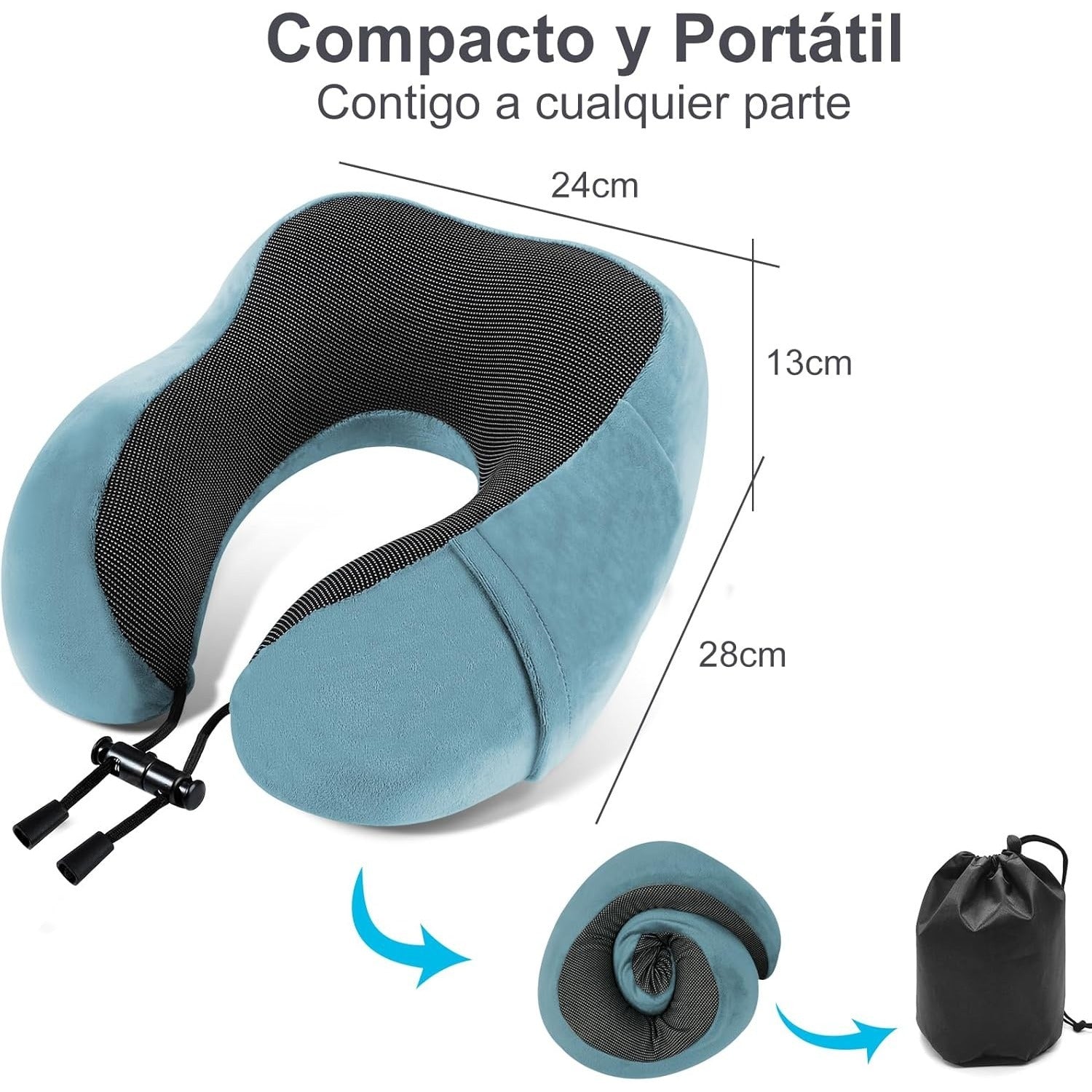 Una Almohada Cervical Ergonómica en Forma de U con Bolsa de Almacenamiento, Espuma de Memoria con Tecnología de Rebote Lento, Funda Lavable a Máquina, Ligera y Portátil para Avión, Oficina y Hogar, Apoya Cuello y Cabeza, Ideal para Siestas, Lectura y Ver
