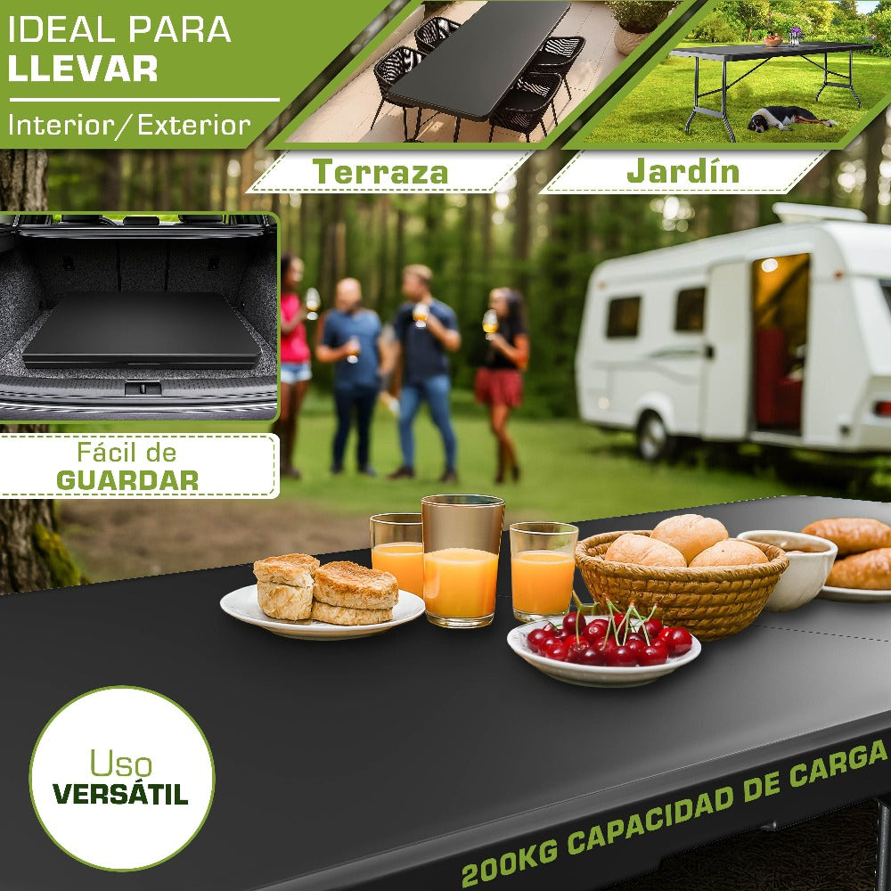 tillvex® Mesa de jardín plegable 180x75cm, resistente a la intemperie | Mesa de camping y buffet de plástico con asa | Para jardín, terraza, camping, balcón, 6 personas, negro