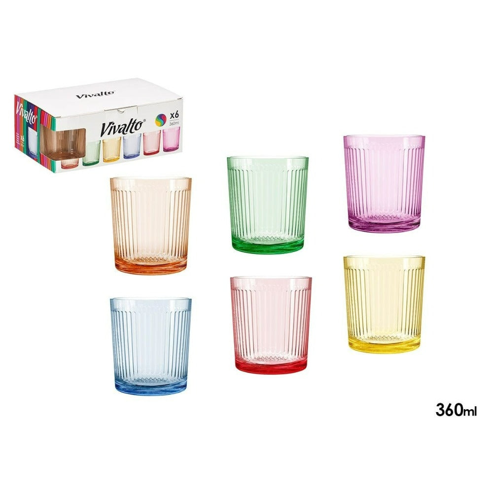 Juego de 6 Vasos de Vidrio, 360ml, Estilo Retro, Surtido de Colores Arcoíris, Ideales para Regalo de Navidad, Cócteles, Agua o Jugo, Vajilla Elegante para el Hogar