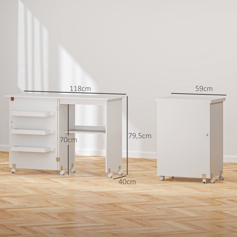 Mesa de costura plegable HOMCOM con tablón abatible, contenedores de almacenamiento, estante abierto y ruedas, gabinete para máquina de coser para sala de estar, oficina, estudio, dimensiones 118 x 40 x 79.5 cm, blanca