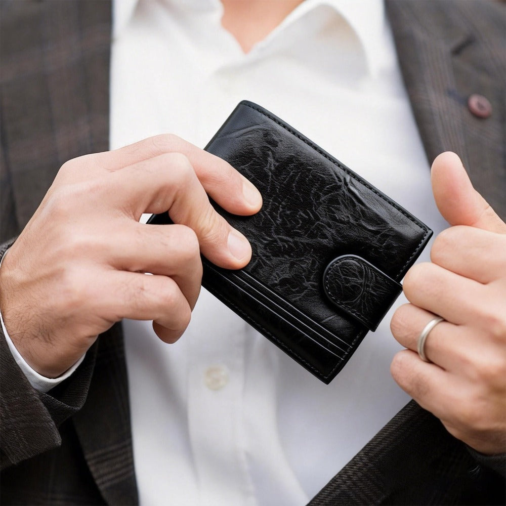 Cartera corta de cuero desgastado retro elegante para hombre – Monedero con cierre a presión y ventana para identificación para desplazamientos diarios, reuniones de negocios y salidas informales