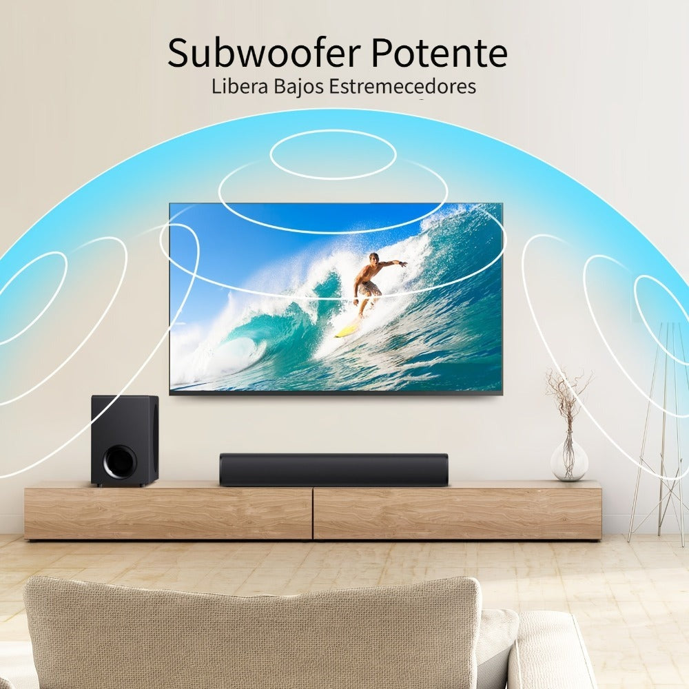Barra de sonido con subwoofer, barra de sonido para Smart TV, minibarras de sonido con conexión ARC/óptica/AUX/inalámbrica, sistema de sonido envolvente para TV/PC/juegos/proyectores con control remoto por infrarrojos