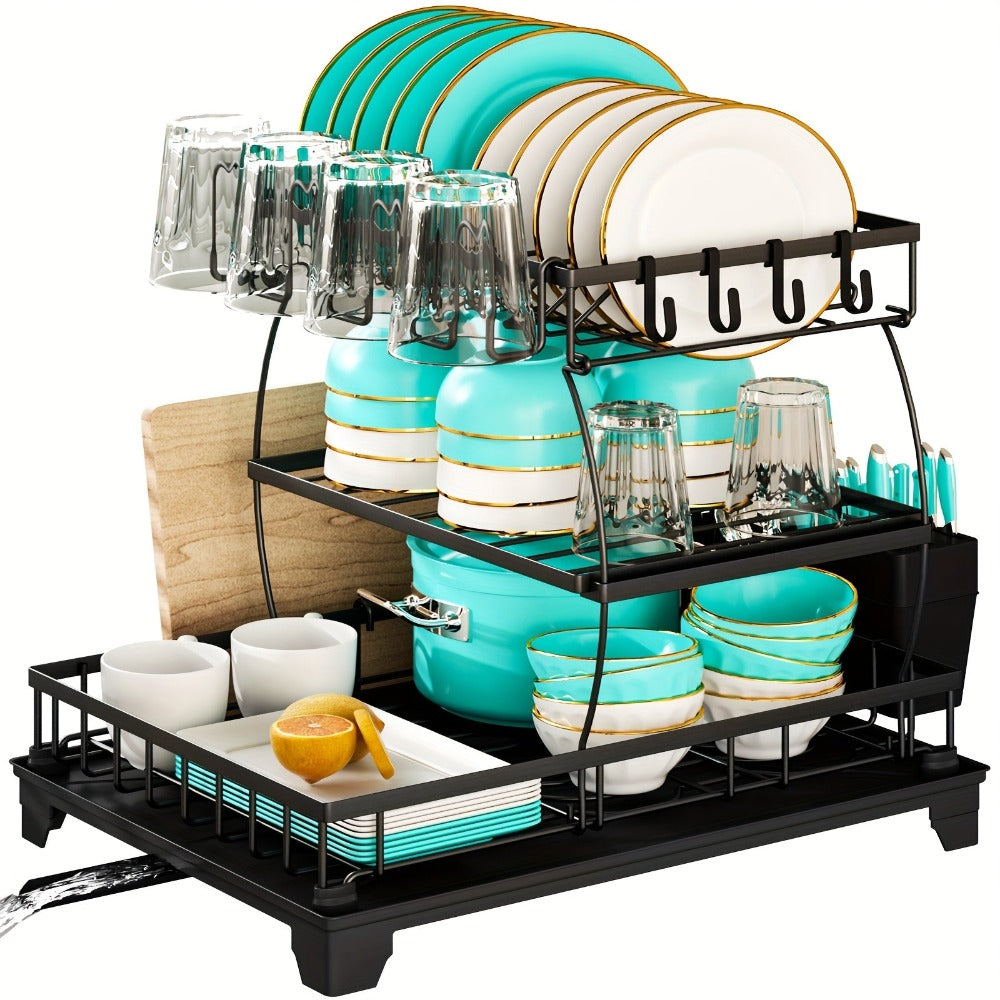Escurridor de Platos Resistente - Organizador de 3 Niveles con Bandeja de Drenaje, Ahorrador de Espacio para Cocina - Acero Inoxidable Anticorrosivo con Portavasos y Almacenamiento para Utensilios y Tabla de Cortar - Diseño Compacto y Duradero para Cocina