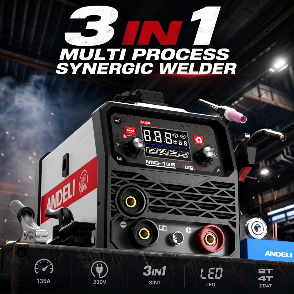 ANDELI 135Amp Máquina de Soldar MIG Flux Mig/Lift Tig/Stick 3-En-1 230V Portátil Sin Gas Multiproceso Soldadora Pantalla Digital LED Máquina de Soldar Inversor IGBT con Soplete Tig
