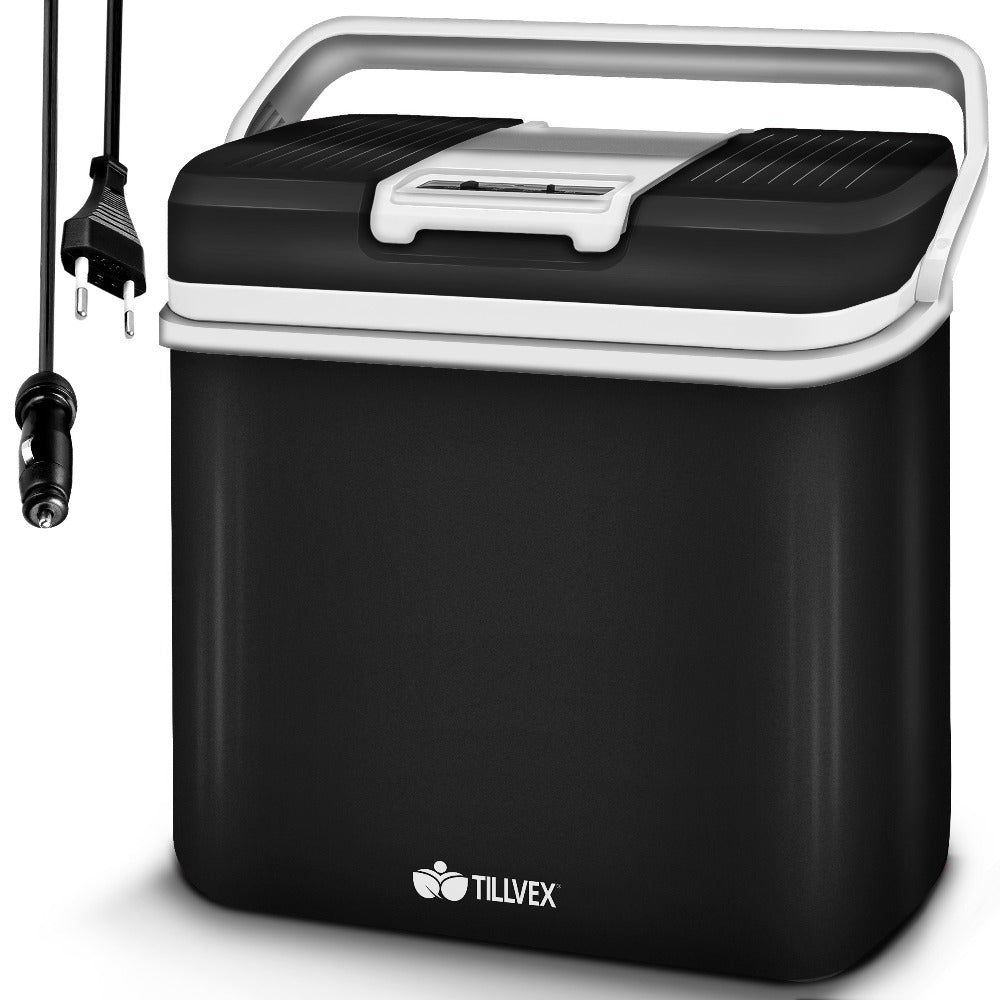 Tillvex® Caja Enfriadora Eléctrica 24L | Mini Nevera 230V & 12V para Coche, Auto, Camping | Caja Térmica Aislada para Enfriar y Calentar | Caja Calentadora con Asa de Transporte y Modo ECO TVKB24-01