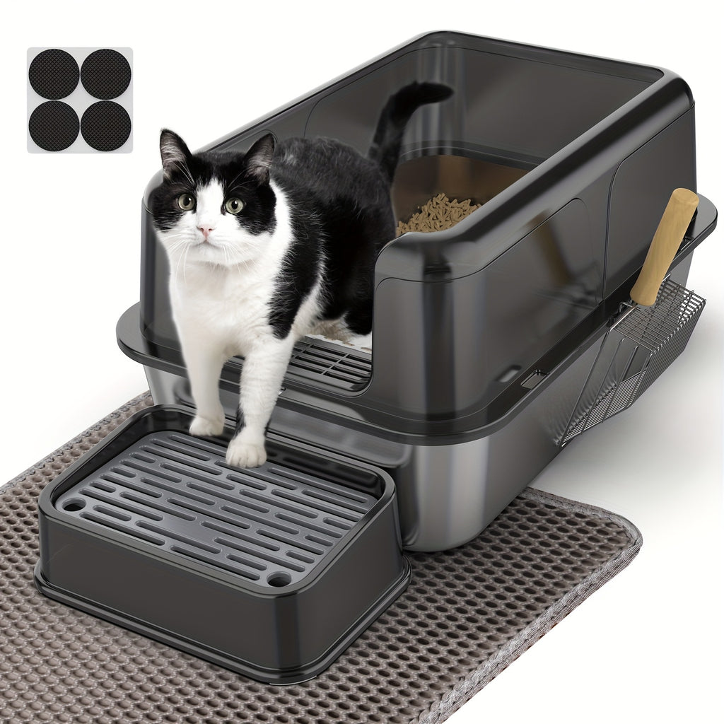 Bandeja de arena para gatos XXL de acero inoxidable con recinto desmontable, gran capacidad de 32L, incluye tapete XXL para arena de gato, pala metálica y escaleras para gatos mayores, apta para todos los gatos