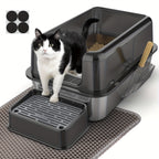 Bandeja de arena para gatos XXL de acero inoxidable con recinto desmontable, gran capacidad de 32L, incluye tapete XXL para arena de gato, pala metálica y escaleras para gatos mayores, apta para todos los gatos
