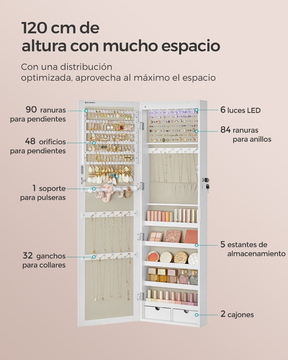 Armario Joyero Con Espejo, Joyero Para Pared O Puerta, Con Cerradura, 2 Cajones, 10 X 37 X 120 Cm, organizador pulseras collares pendientes anillos, diseño moderno accesorios joyas decoración dormitorio elegante, Regalos de Festivos, Regalos de Navidad
