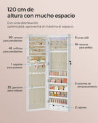 Armario Joyero Con Espejo, Joyero Para Pared O Puerta, Con Cerradura, 2 Cajones, 10 X 37 X 120 Cm, organizador pulseras collares pendientes anillos, diseño moderno accesorios joyas decoración dormitorio elegante, Regalos de Festivos, Regalos de Navidad