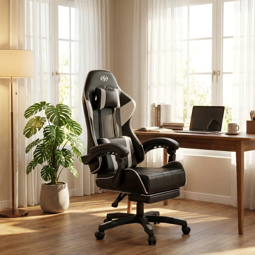 Silla de gaming ergonómica con inclinación ajustable y reposapiés, silla de oficina con reposacabezas y soporte lumbar, hecha de material duradero, ideal para trabajo y ocio