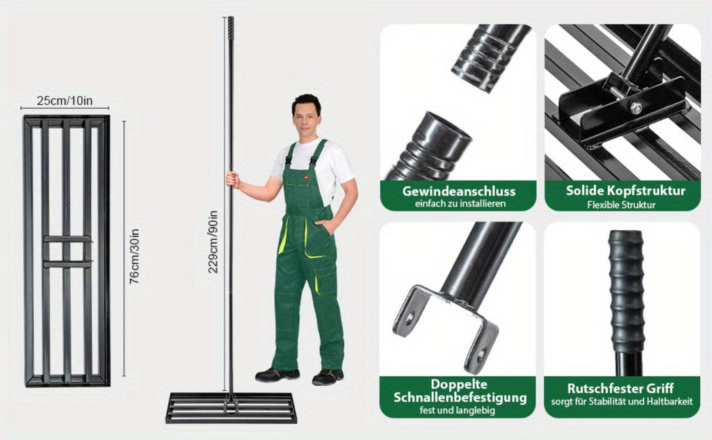 Rastrillo Nivelador de Césped Manual 76 X 25 Cm, Espátula para Césped de Jardín, Herramienta de Rastrillo de Arena Sin Esfuerzo con Mango de 229 Cm, Rastrillo para Jardín, Campo de Golf (Verde: 25*74.5*190cm; Plata: 35*75*190cm; Plata: 24.5*42.5*191cm Neg