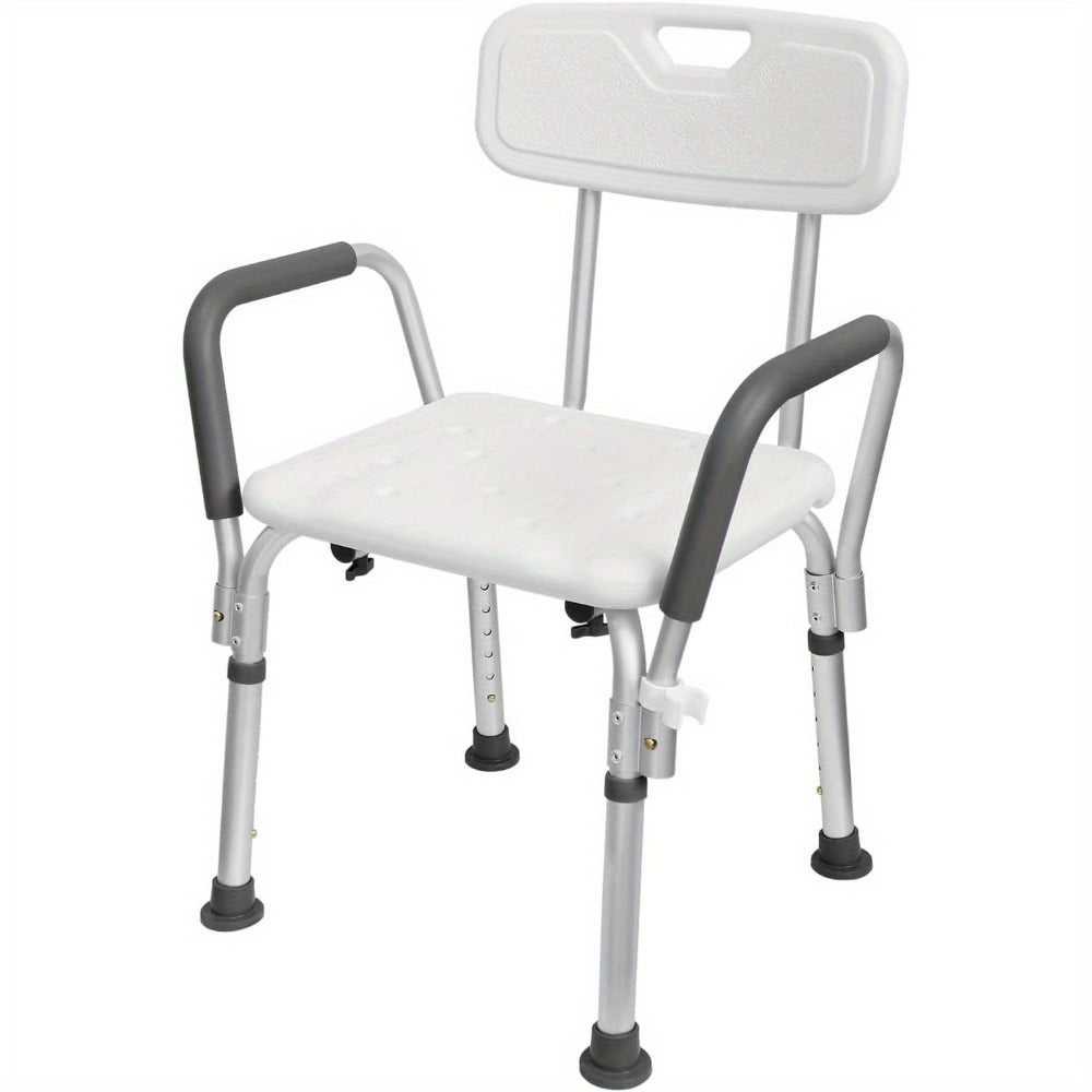 75. Taburete de ducha de aluminio ajustable en altura de 5-88 cm con reposabrazos y respaldo, para personas mayores y mujeres embarazadas.