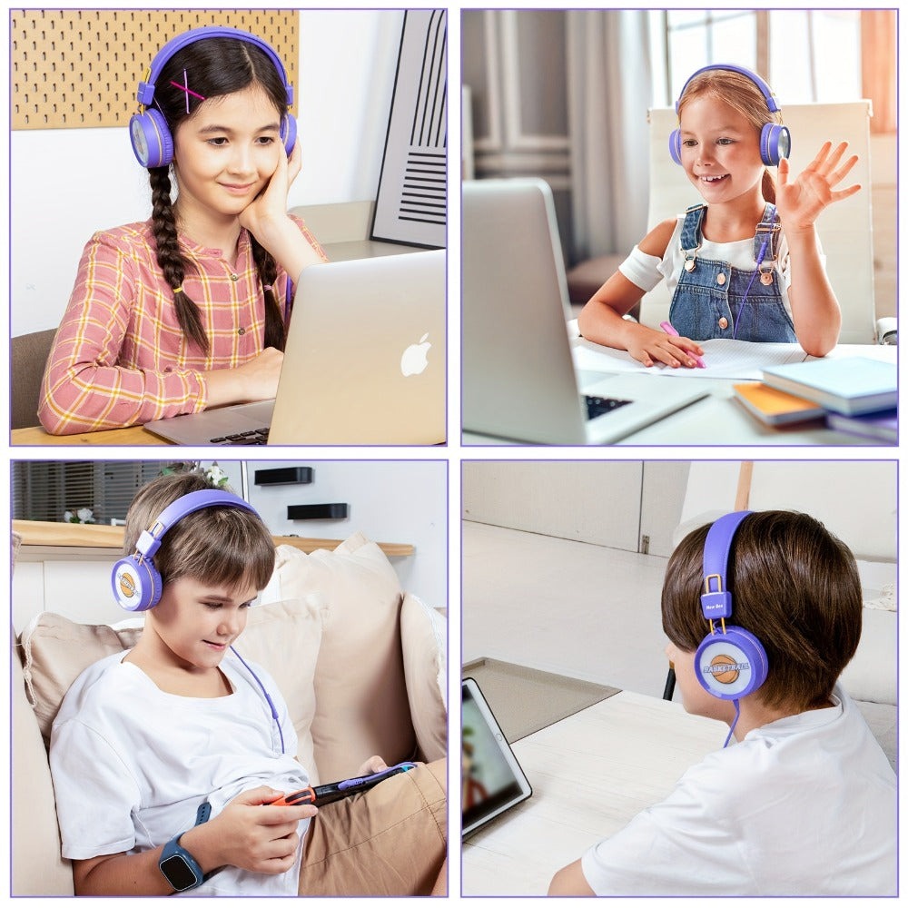 Auriculares con cable para niños New Bee KH20, tipo supraurales, limitador de volumen de 85 dB, compartir audio, plegables, ajustables, estéreo, para niños, aptos para escuela/tableta/PC