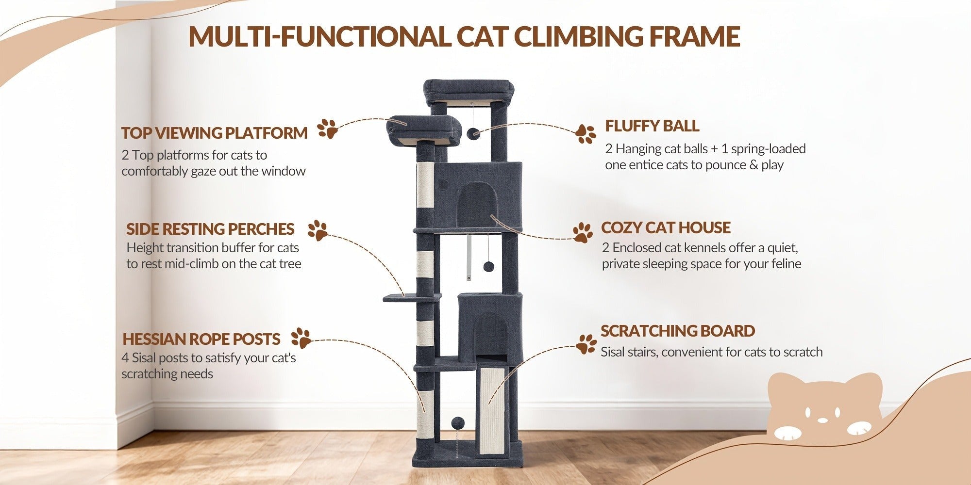 Fobyfurny Árbol para Gatos, Torre de 178cm para Gatos de Interior, Marco de Escalada para Gatos de Múltiples Niveles con Postes Rascadores, Tabla Rascadora, 2 Condominios Cómodos, 2 Perchas, Pompones, Lugar de Descanso