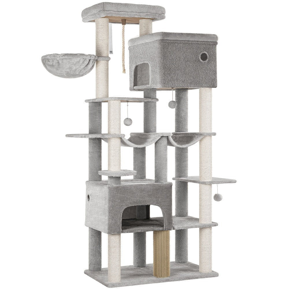 Árbol para gatos, Árbol para gatos XXL de 200 cm con 10 postes para rascar, 2 cuevas, 2 hamacas, plataforma grande, cepillo para gatos, cesta, árbol para gatos resistente para Maine Coon y gatos más grandes, gris claro/gris oscuro/beige