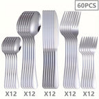 Juego de vajilla de acero inoxidable de 60 piezas para 12 personas con cuchillos, tenedores y cucharas. Ideal para restaurantes, fiestas, bodas, artesanía clásica de tiras. Mangos ergonómicos y diseño de alta calidad. Agarre cómodo. Lavable con lavavajill