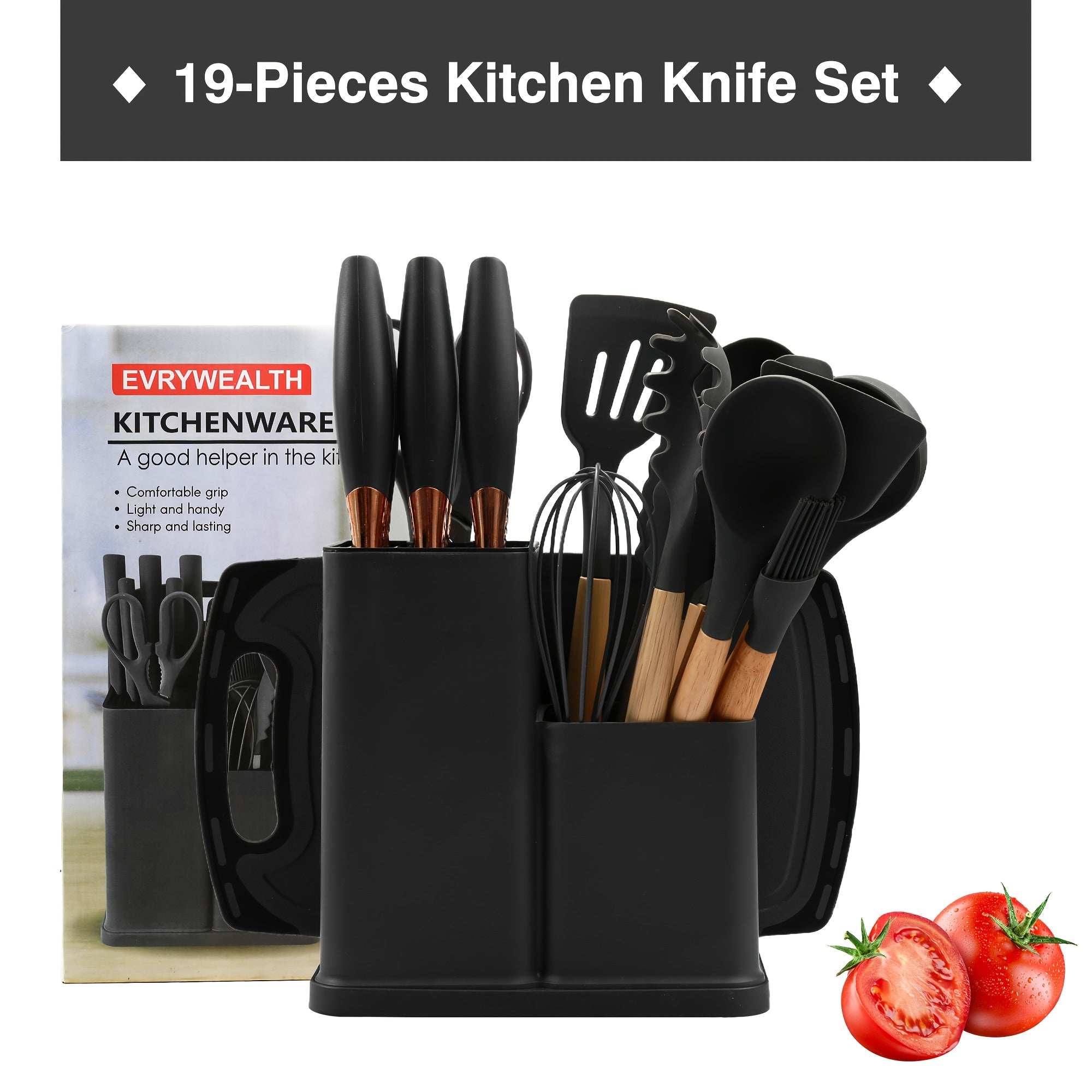 Juego de 19 piezas, Cuchillo de cocina, Juego de cocina, Juego de utensilios de cocina (Con mangos de madera), Juego de cocina de seguridad, Juego de herramientas de cocina antiadherentes, Utensilios de cocina modernos lavables, Utensilios de cocina, Adec