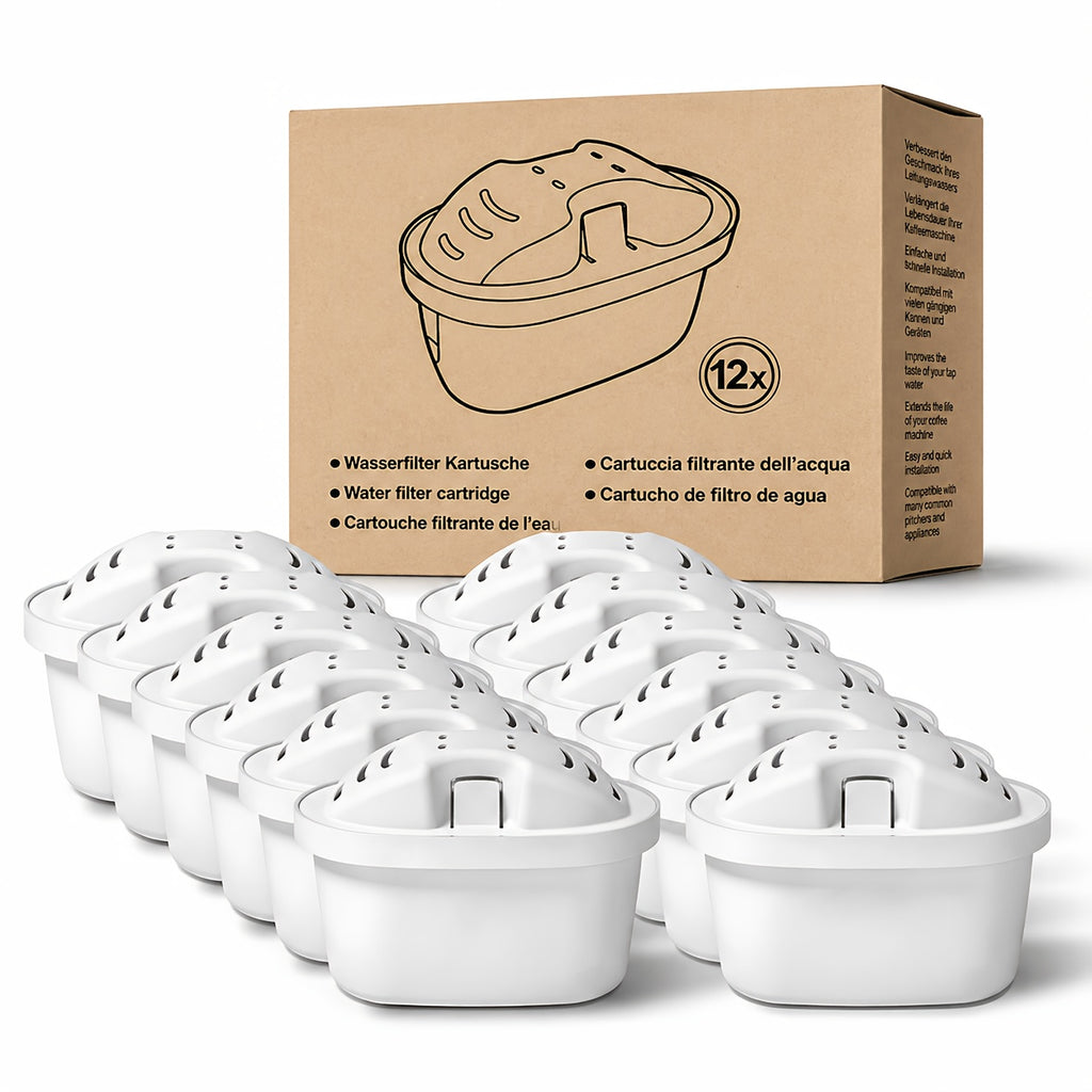 Paquete de 12 cartuchos de filtro de agua compatibles con jarras y teteras BTA - Recargas de filtro de plástico para cloro, adecuadas para sistemas de purificación de agua domésticos, reduce el mal sabor y los sedimentos para jarras y teteras BTA