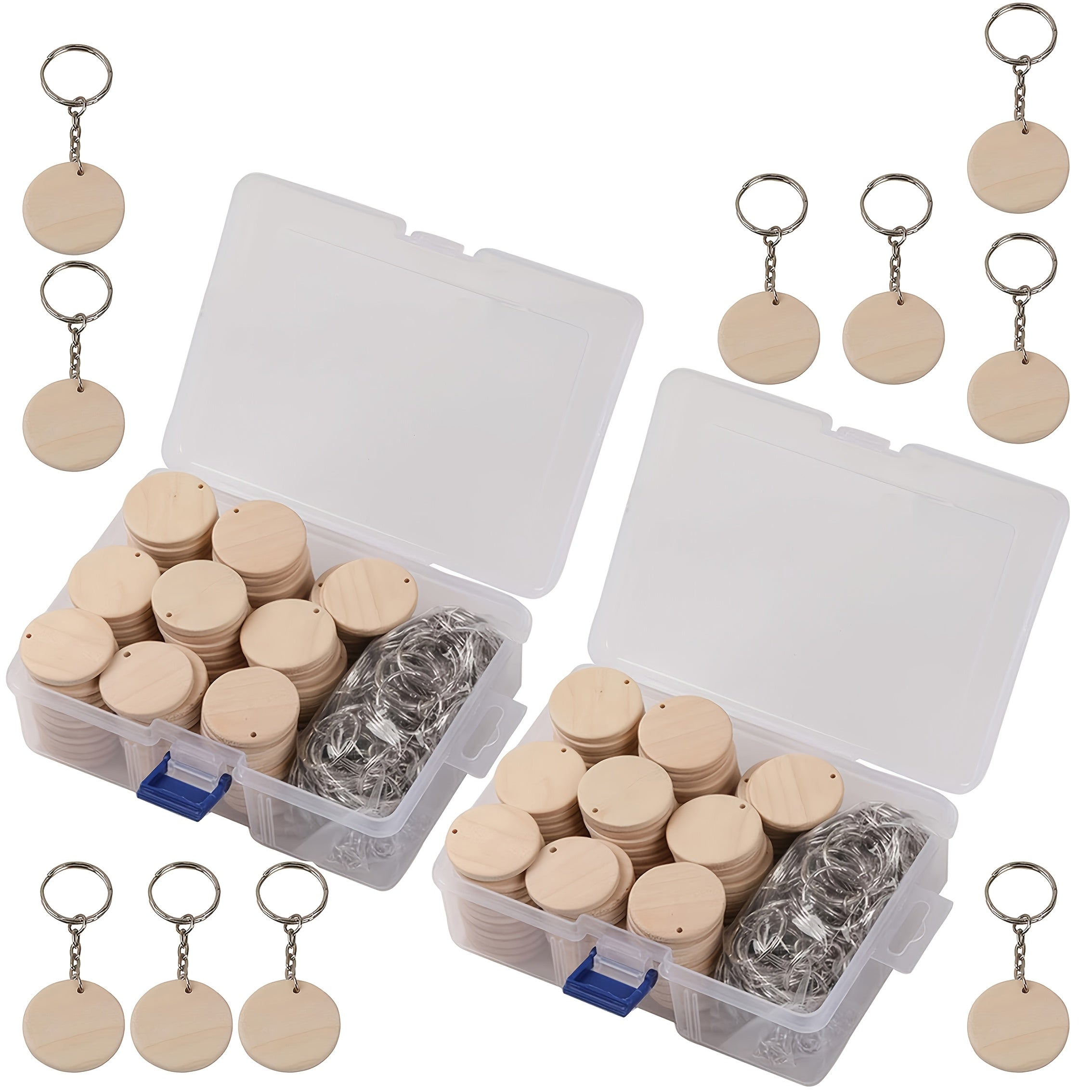 Dofiki 50/100 piezas Kit para hacer llaveros de madera, blanks de colgantes de madera con llaveros, adecuado para hacer llaveros, pintar, decoración del hogar, regalos navideños