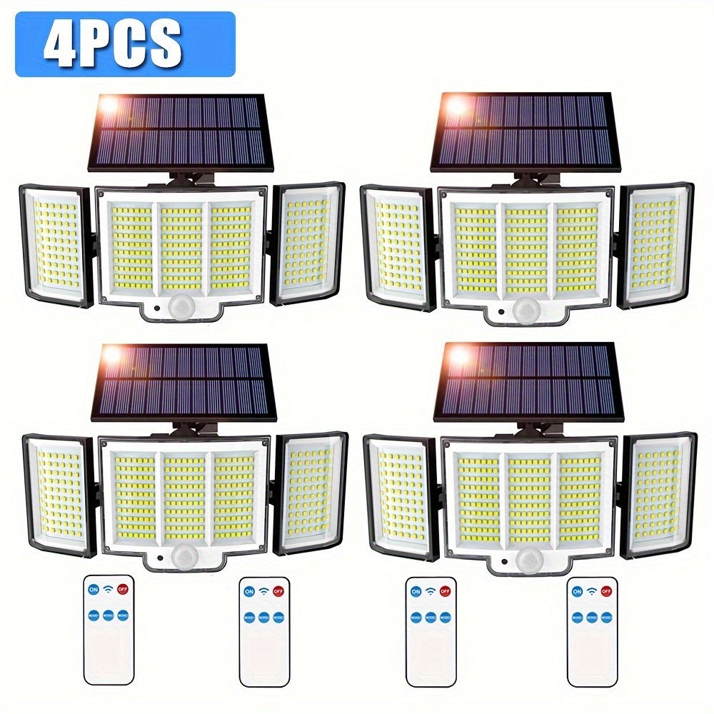 Juego de 2/4 piezas de luz solar para exterior, luz solar con sensor de movimiento de 348 LED y control remoto, luz de pared solar con 3 modos de iluminación, reflector de seguridad de gran angular de 270°, para porche, patio, jardín, garaje, pasillo, ter