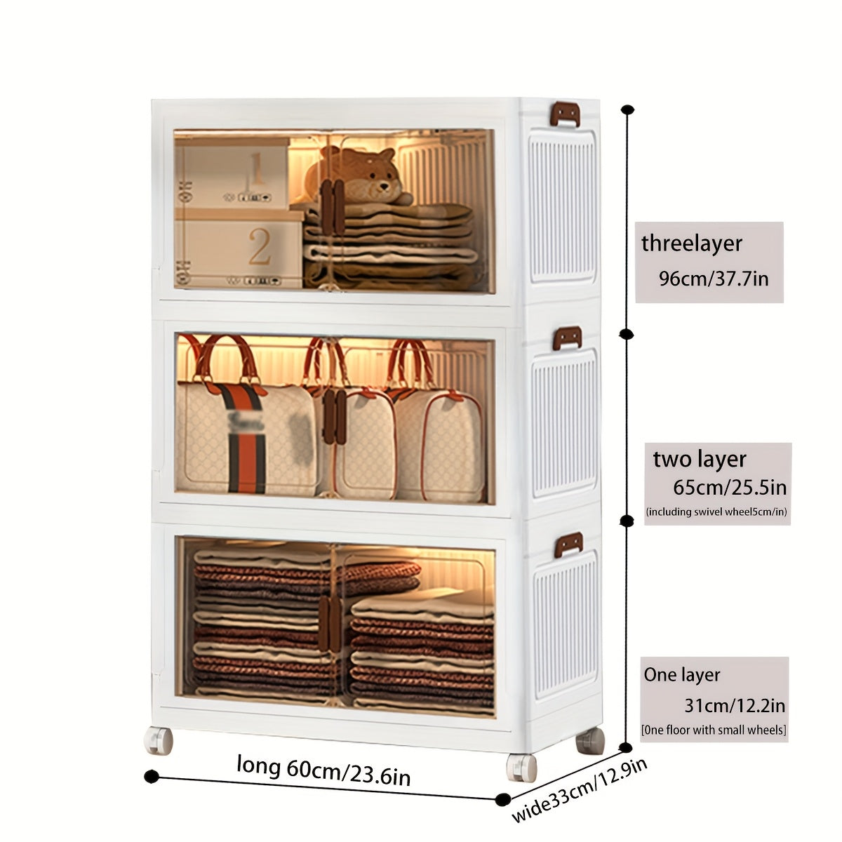 Contenedores de almacenamiento de plástico de 60 cm, cajas apilables con tapas, contenedores plegables con ruedas bloqueables para dormitorio, sala de estar, estudio y oficina