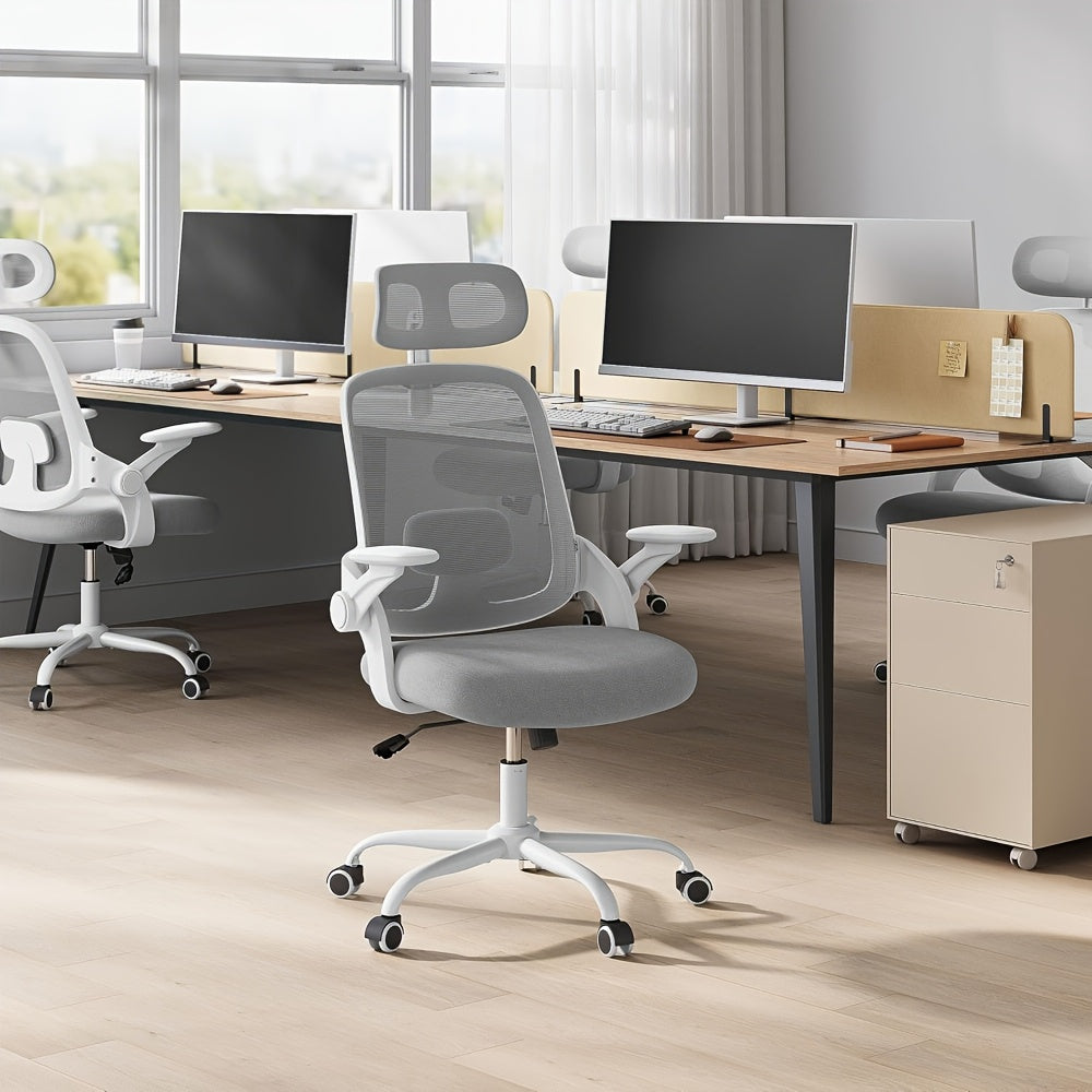 Silla de oficina ergonómica, silla de escritorio con reposacabezas ajustable, soporte lumbar, función de balanceo, reposabrazos plegables, silla para oficina en casa, silla de trabajo