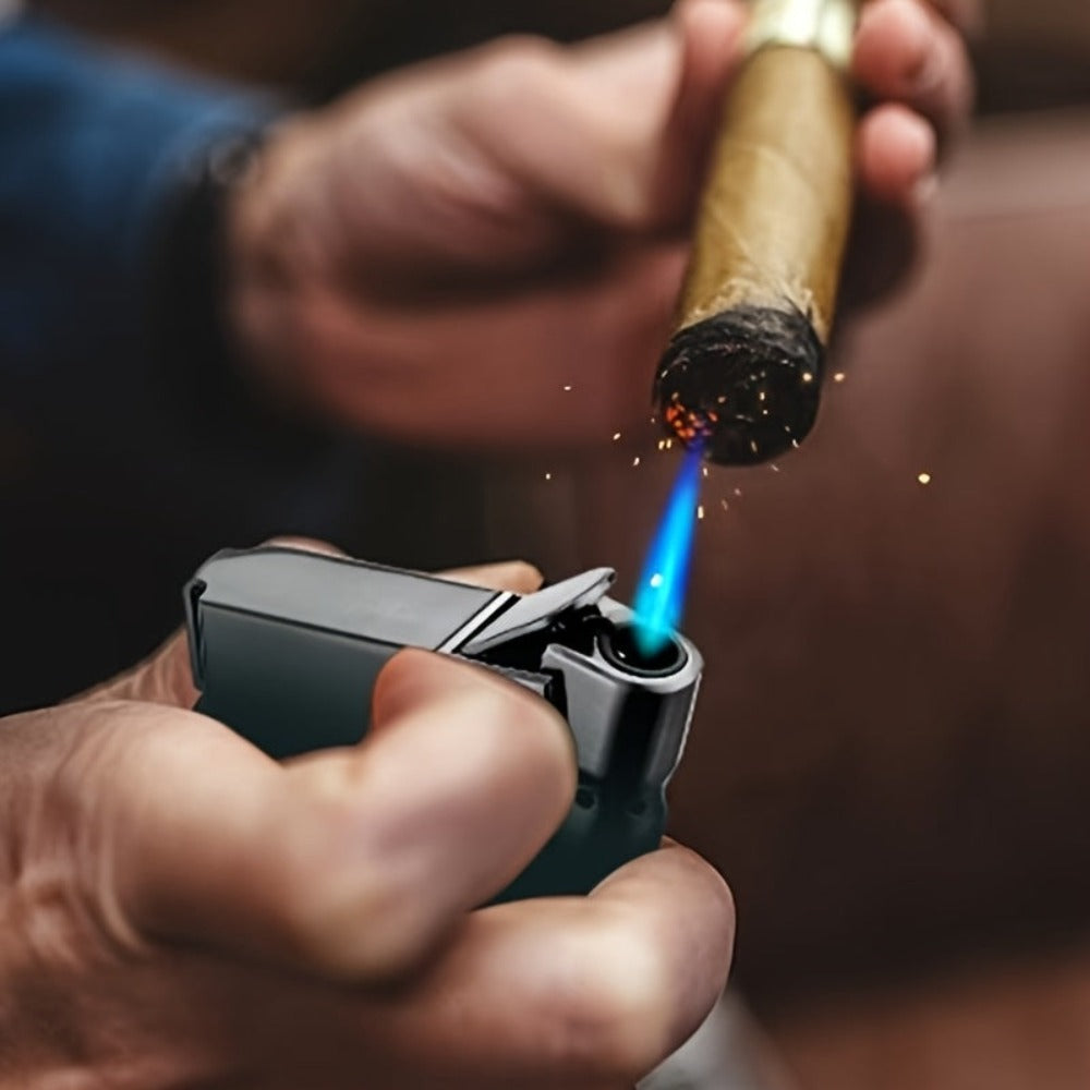 Encendedor inflable de chorro directo cortavientos, regalo para hombre, llama azul, chorro directo, encendedor de cañón de acero grande dorado (gas no incluido)