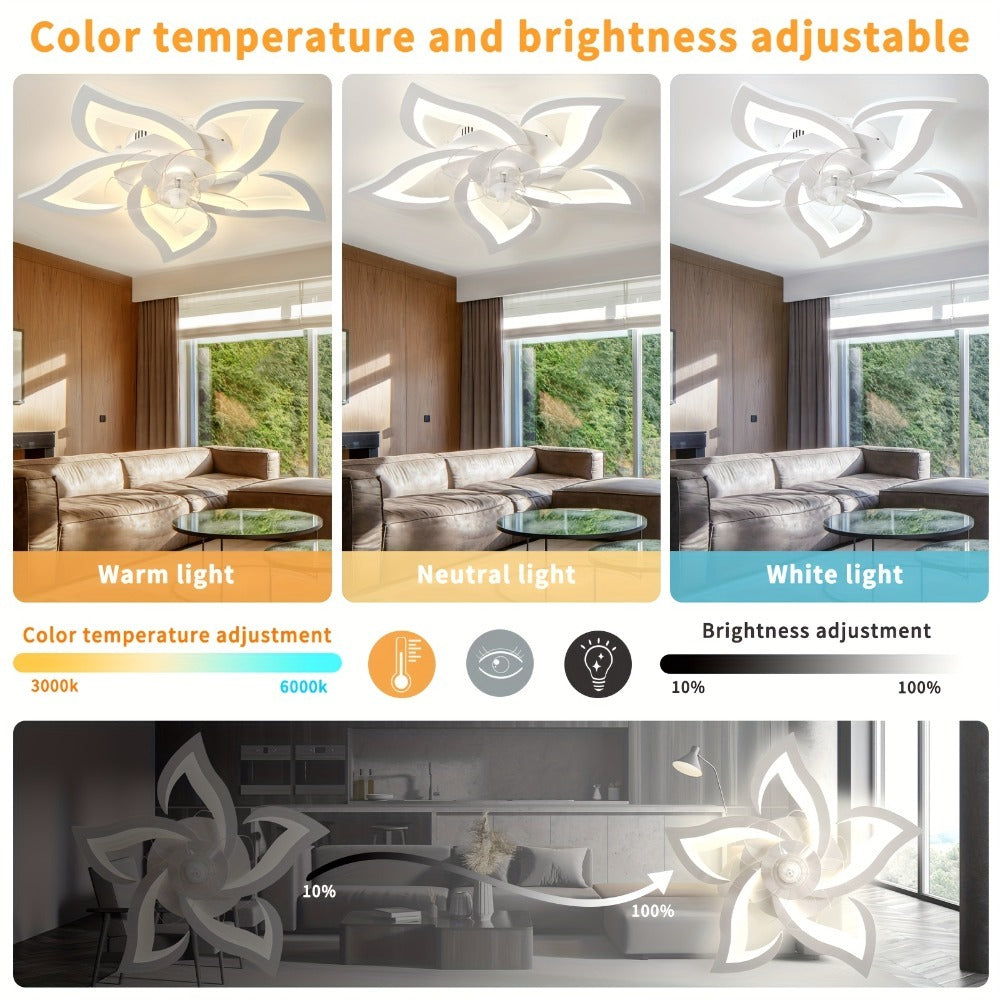 Lámpara de techo LED silenciosa con ventilador y iluminación, lámpara de techo para dormitorio con control remoto y aplicación, lámpara regulable con ventilador, 5 luces, pantalla de acrílico con forma de flor, sala de estar, cocina, 69 cm