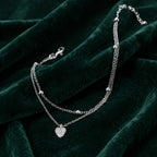 Tobillera para mujer bañada en plata 925, de 2 capas con colgante de corazón y pedrería, joya elegante de playa de verano, cadena de tobillo ajustable estilo bohemio, 20+7 cm, regalo para mujer