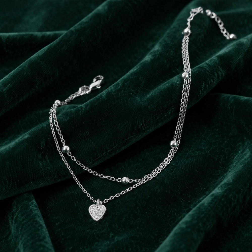 Tobillera para mujer bañada en plata 925, de 2 capas con colgante de corazón y pedrería, joya elegante de playa de verano, cadena de tobillo ajustable estilo bohemio, 20+7 cm, regalo para mujer