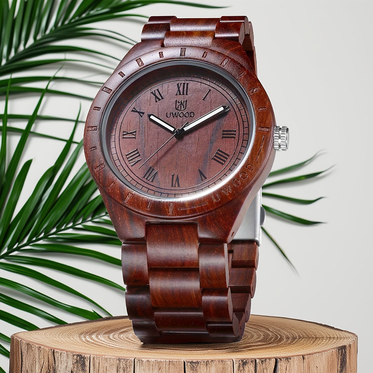 Leeev Reloj de Mano Ligero y Distintivo de Madera para Hombre, Colección Uwood Hecho a Mano de Sándalo Analógico de Cuarzo Vintage con Números Romanos, Reloj de Pulsera de Madera Natural