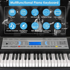 Teclado electrónico de 61 teclas diseñado para principiantes, con piano digital de 500 tonos y un modo de enseñanza de tres niveles. Incluye soporte de piano, taburete, pantalla LCD y atril.