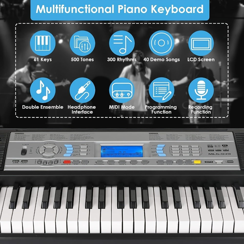 Teclado electrónico de 61 teclas diseñado para principiantes, con piano digital de 500 tonos y un modo de enseñanza de tres niveles. Incluye soporte de piano, taburete, pantalla LCD y atril.