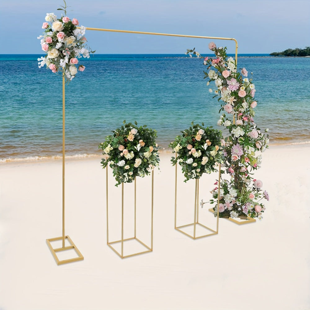 Soporte de 2 x 2 metros + 2 piezas de estantes cuadrados para flores de 27 x 27 x 80 cm, dorados, para bodas, fiestas de cumpleaños