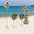 Soporte de 2 x 2 metros + 2 piezas de estantes cuadrados para flores de 27 x 27 x 80 cm, dorados, para bodas, fiestas de cumpleaños