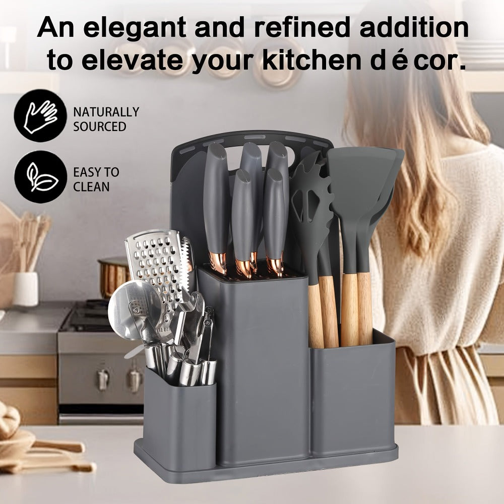 Colección de 20 piezas de cuchillos profesionales con soporte. Cuchillo de chef, cuchillo de carnicero, cuchillo para pan, cuchillo para rebanar, cuchillo deshuesador y utensilios de cocina completos. Construcción de espiga completa con mangos antidesliza