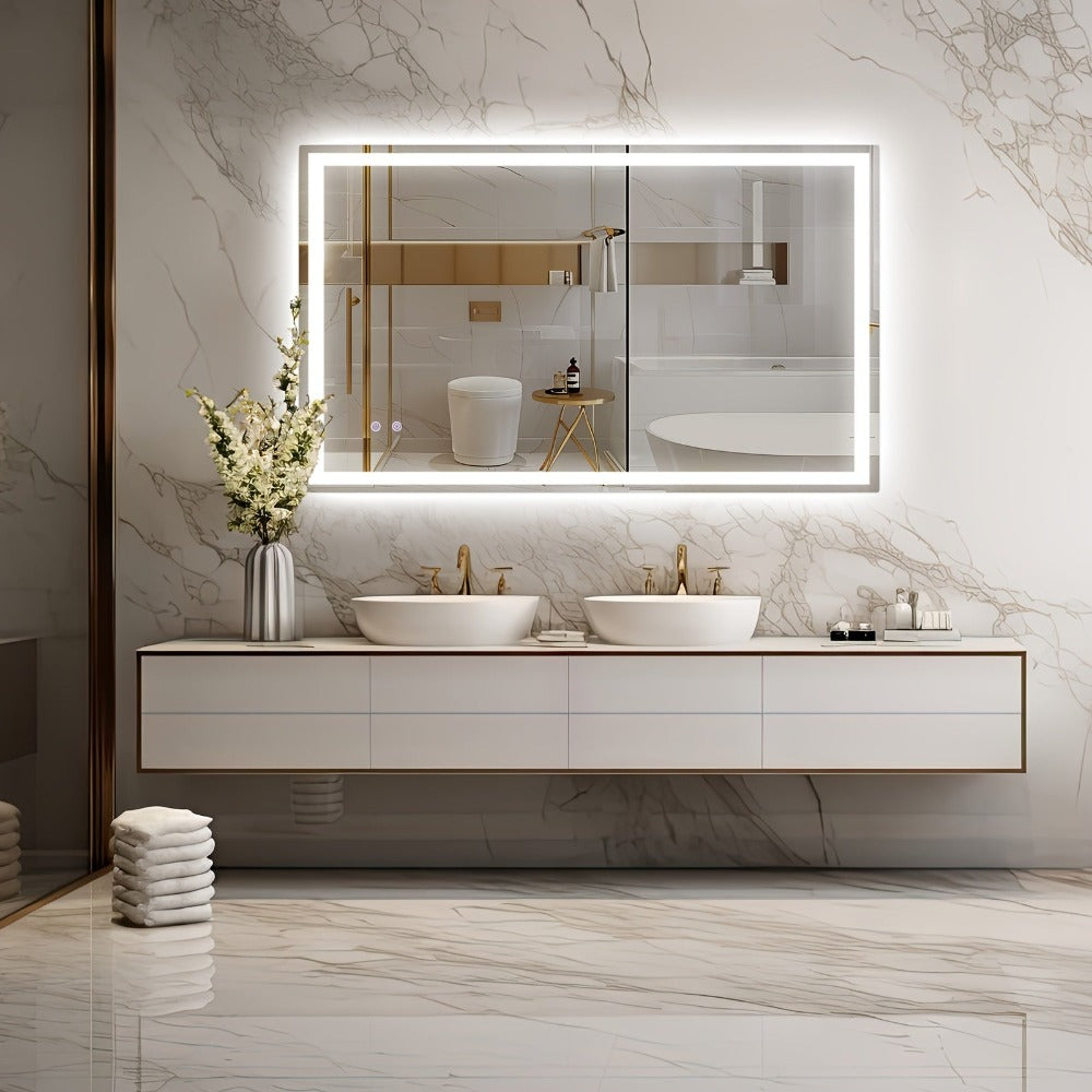 Espejo de baño iluminado, 100 x 60 cm, espejo LED iluminado, espejo de pared para baño, espejo de maquillaje regulable, adecuado para baño, dormitorio, hotel