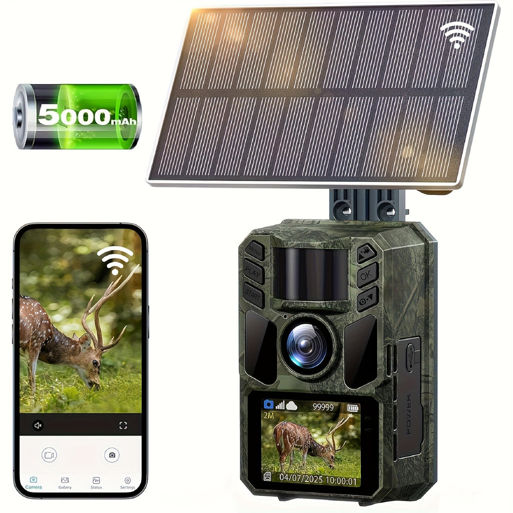 Cámara de Rastreo WiFi Solar - Cámara Recargable con Batería Integrada 5000mAh - 4K 64MP para Monitoreo y Observación del Medio Ambiente, Visión Nocturna, Compatible con Tarjeta de Memoria hasta 64GB e IP67 a Prueba de Agua (Versión sin Wifi)