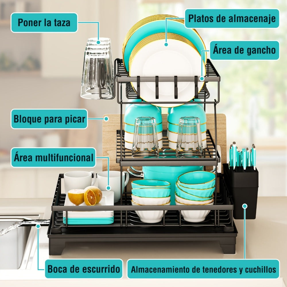 Escurridor de Platos Resistente - Organizador de 3 Niveles con Bandeja de Drenaje, Ahorrador de Espacio para Cocina - Acero Inoxidable Anticorrosivo con Portavasos y Almacenamiento para Utensilios y Tabla de Cortar - Diseño Compacto y Duradero para Cocina