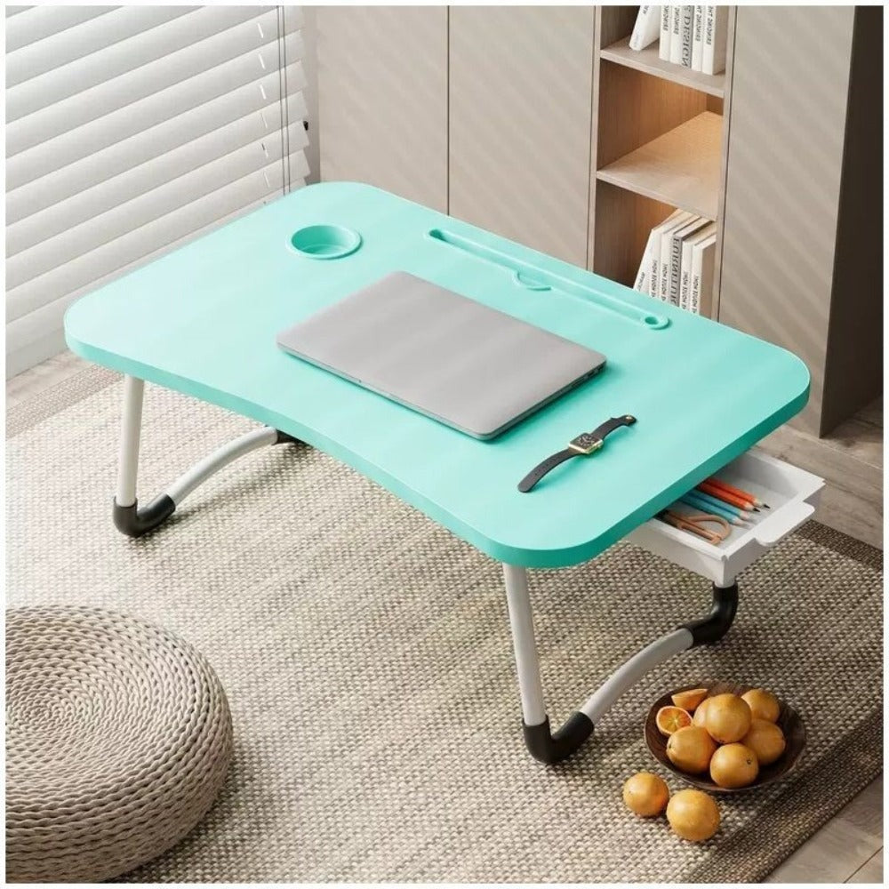Mesa plegable multifunción para cama y sofá con portavasos, 60×40×28 cm, mesa auxiliar con atril para leer en la cama, bandeja multifunción para ordenador, libros, trabajo y estudio en casa (con cajón / sin cajón)