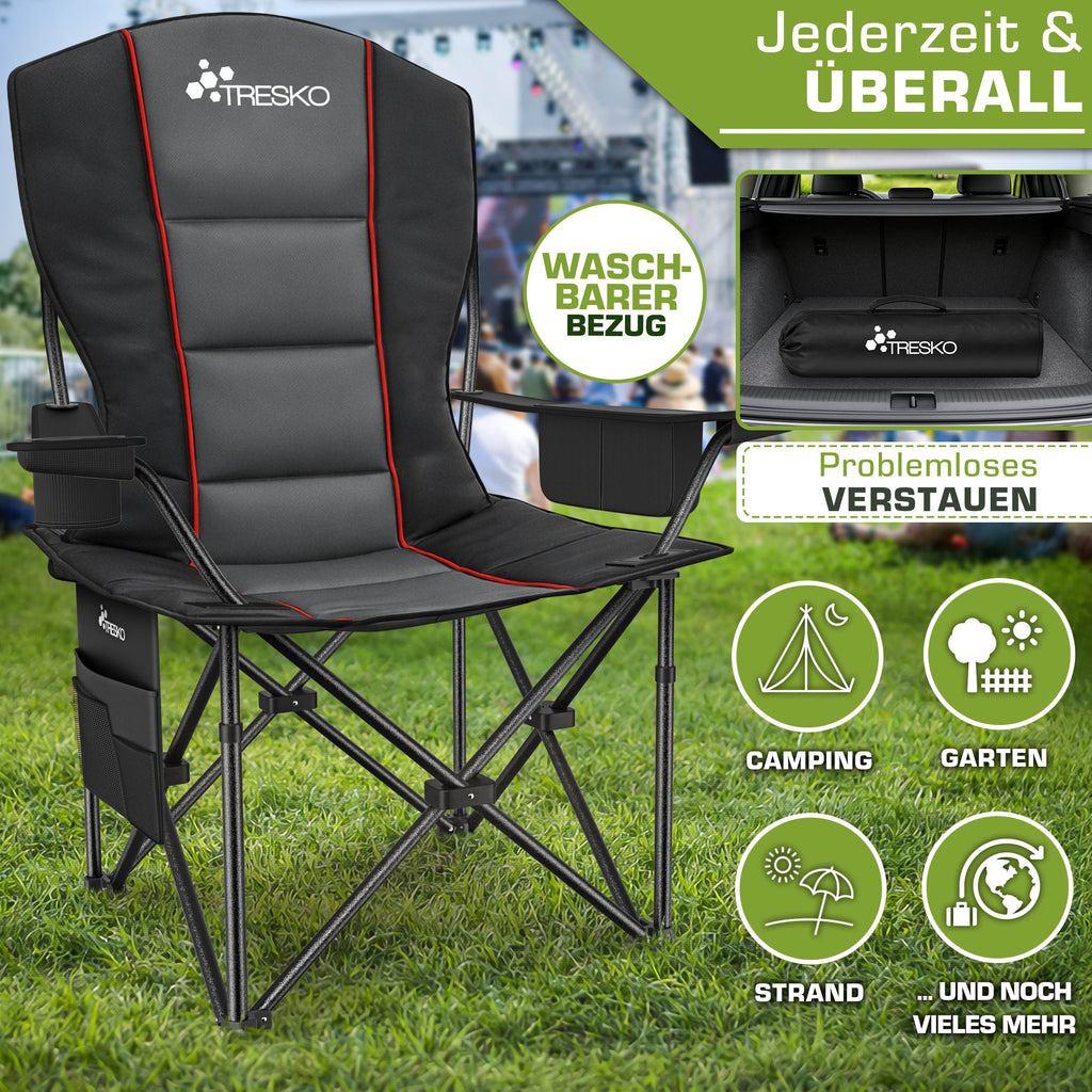 TRESKO® Silla de Camping Plegable hasta 200Kg | Silla Plegable con Bolsa Nevera, Portavasos y Bolsillo Lateral | Silla XXL Plegable Incluye Bolsa de Transporte | Silla de Pesca Acolchada para Exterior, Pesca, Festival y Jardín